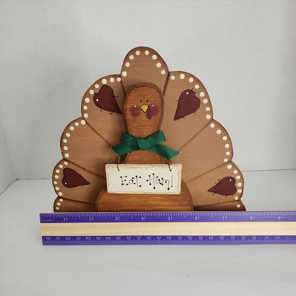 Vtg Hand Crafted Painted Wooden Folk Art Turkey-Hearts, Eat Ham Sign- Signed - Picture 11 of 16